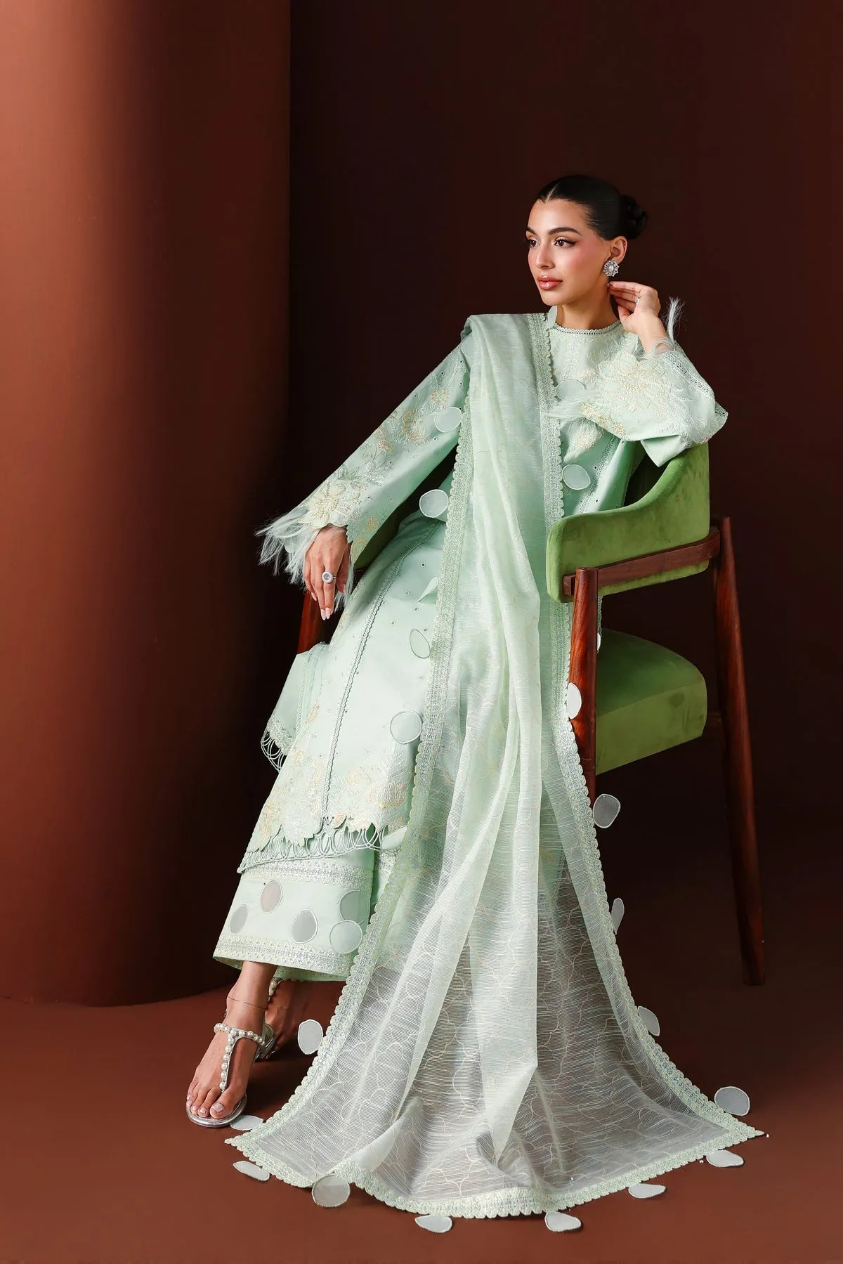 Mint long shirt with organza dupatta, elegant lawn blend – view 5 – Poshaq