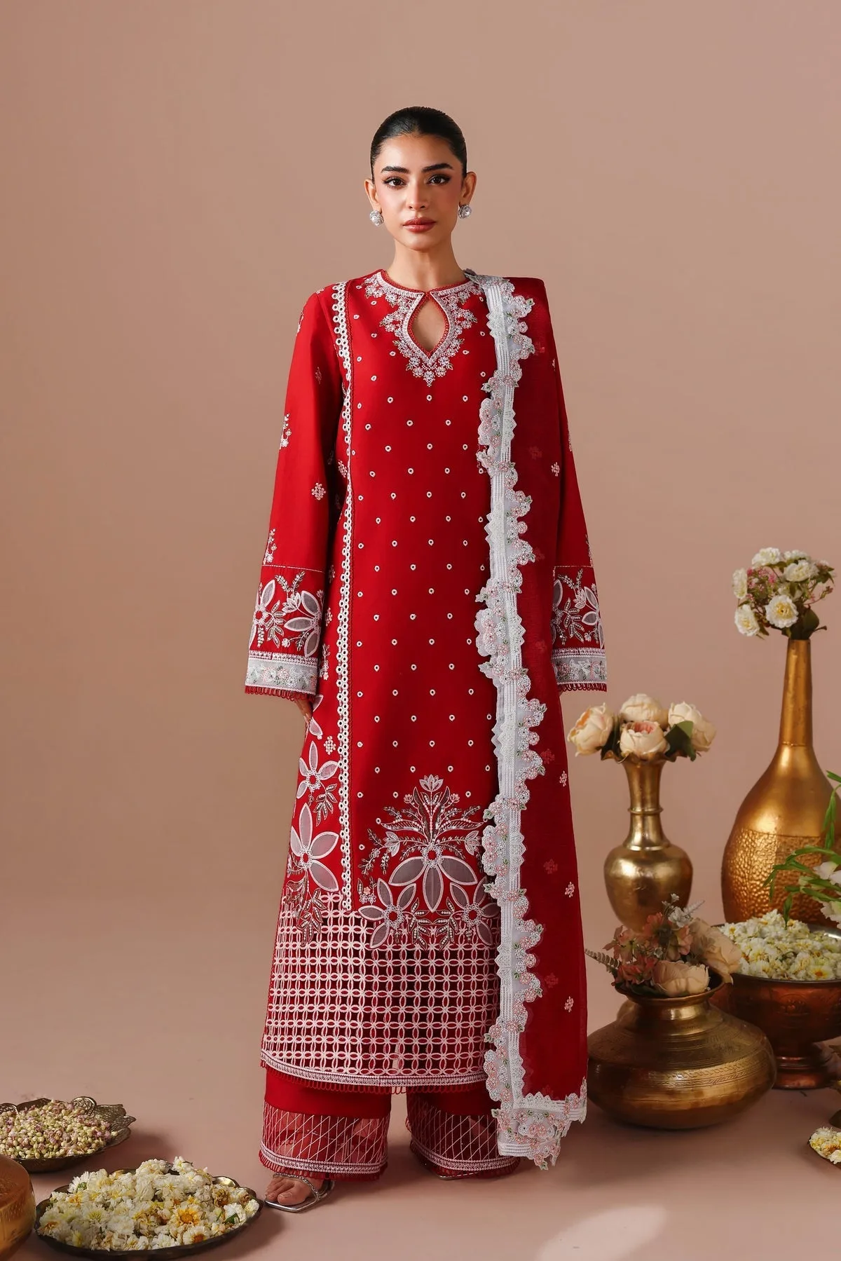 Red embroidered lawn shirt with cotton net dupatta and trouser – view 1 – Poshaq