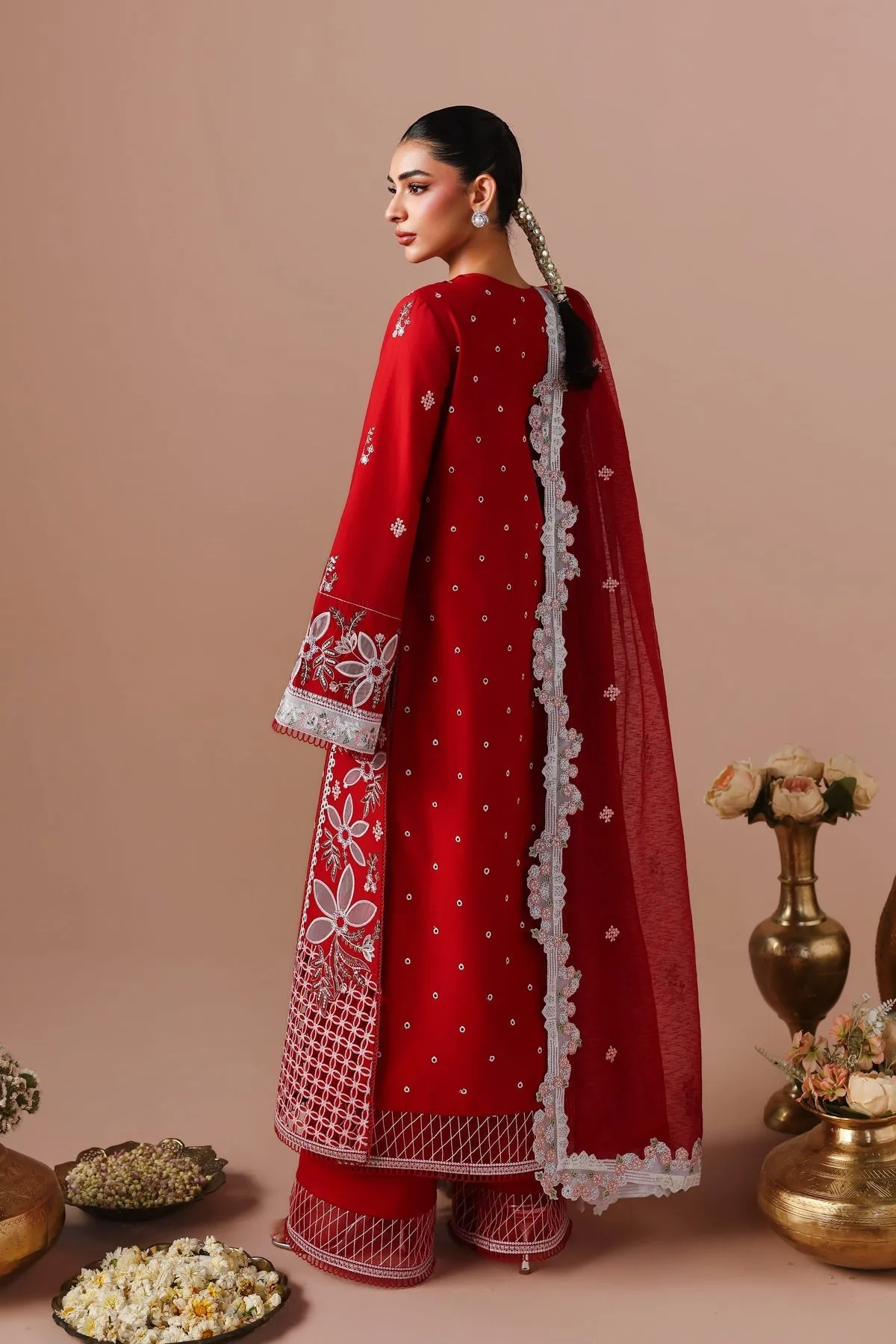Red embroidered lawn shirt with cotton net dupatta and trouser – view 2 – Poshaq