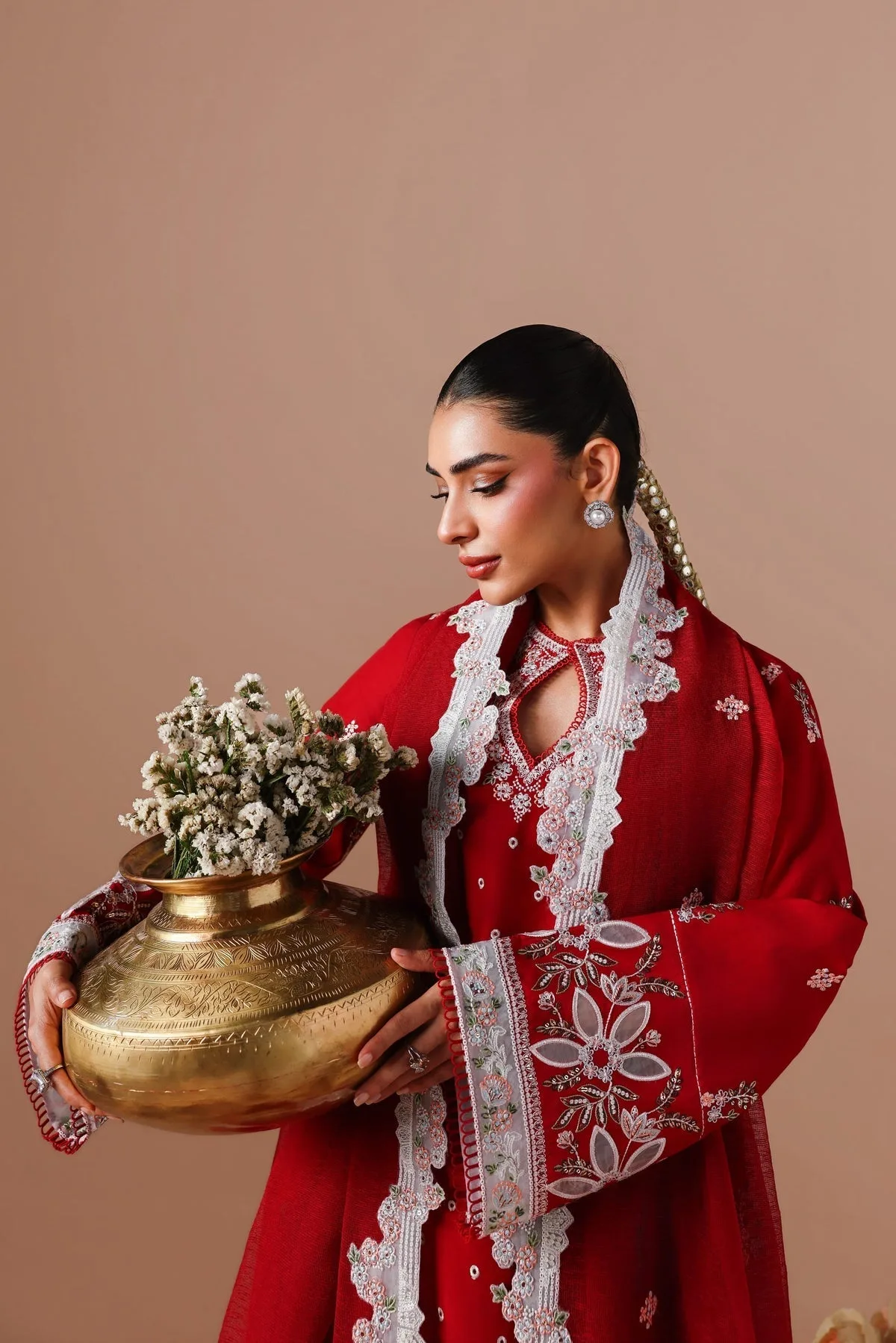 Red embroidered lawn shirt with cotton net dupatta and trouser – view 3 – Poshaq