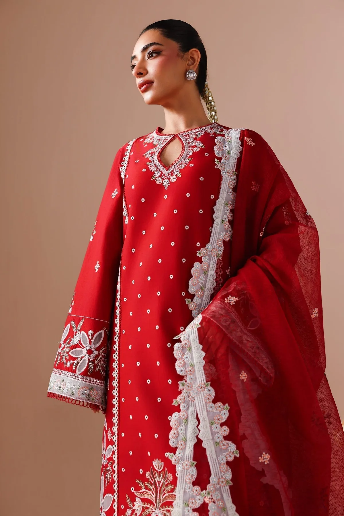 Red embroidered lawn shirt with cotton net dupatta and trouser – view 4 – Poshaq