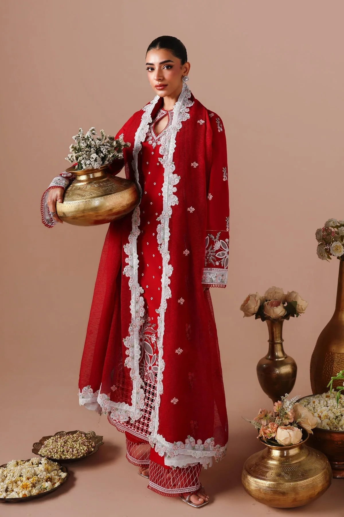 Red embroidered lawn shirt with cotton net dupatta and trouser – view 5 – Poshaq