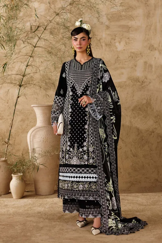 Black organza lawn three‑piece suit with silk dupatta and embroidered sleeves – view 1 – Poshaq
