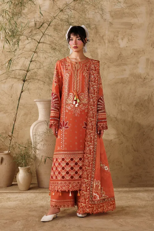 Orange organza long shirt with embroidered detailing – view 1 – Poshaq