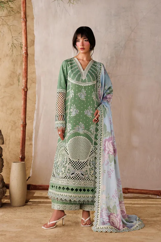 Pastel green embroidered three‑piece lawn suit with organza trim – view 1 – Poshaq