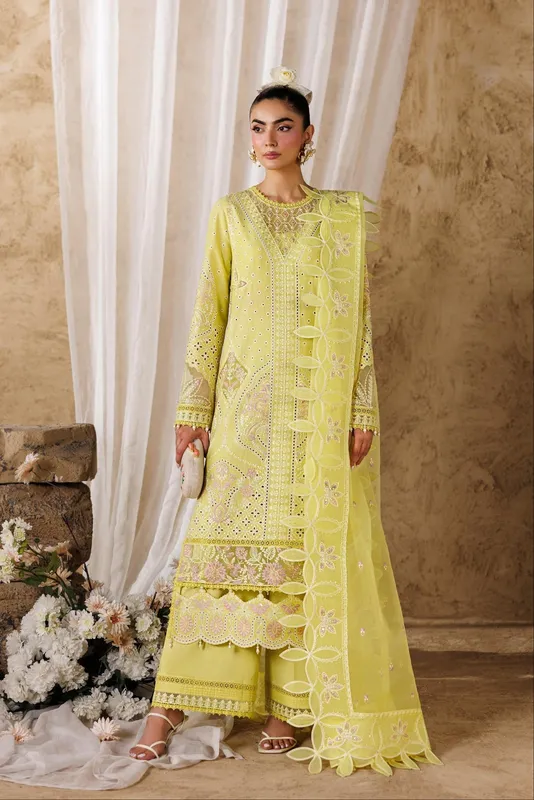 Butter Yellow organza and lawn long shirt dress with subtle motifs – view 1 – Poshaq