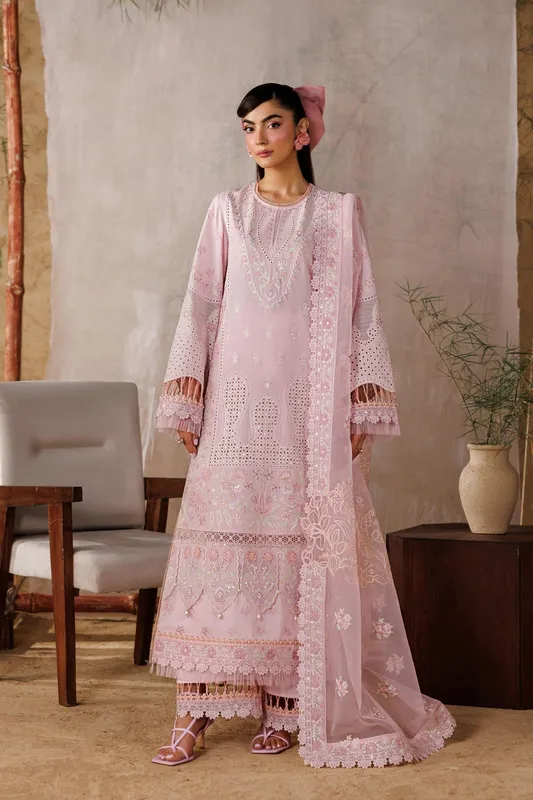 Pink three‑piece lawn suit with organza embroidered sleeves and dupatta – view 1 – Poshaq