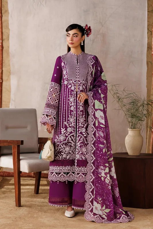 plum organza and silk lawn dress with embroidered details – view 1 – Poshaq