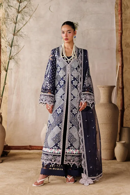 Dark navy three‑piece lawn suit with organza detailing – view 1 – Poshaq