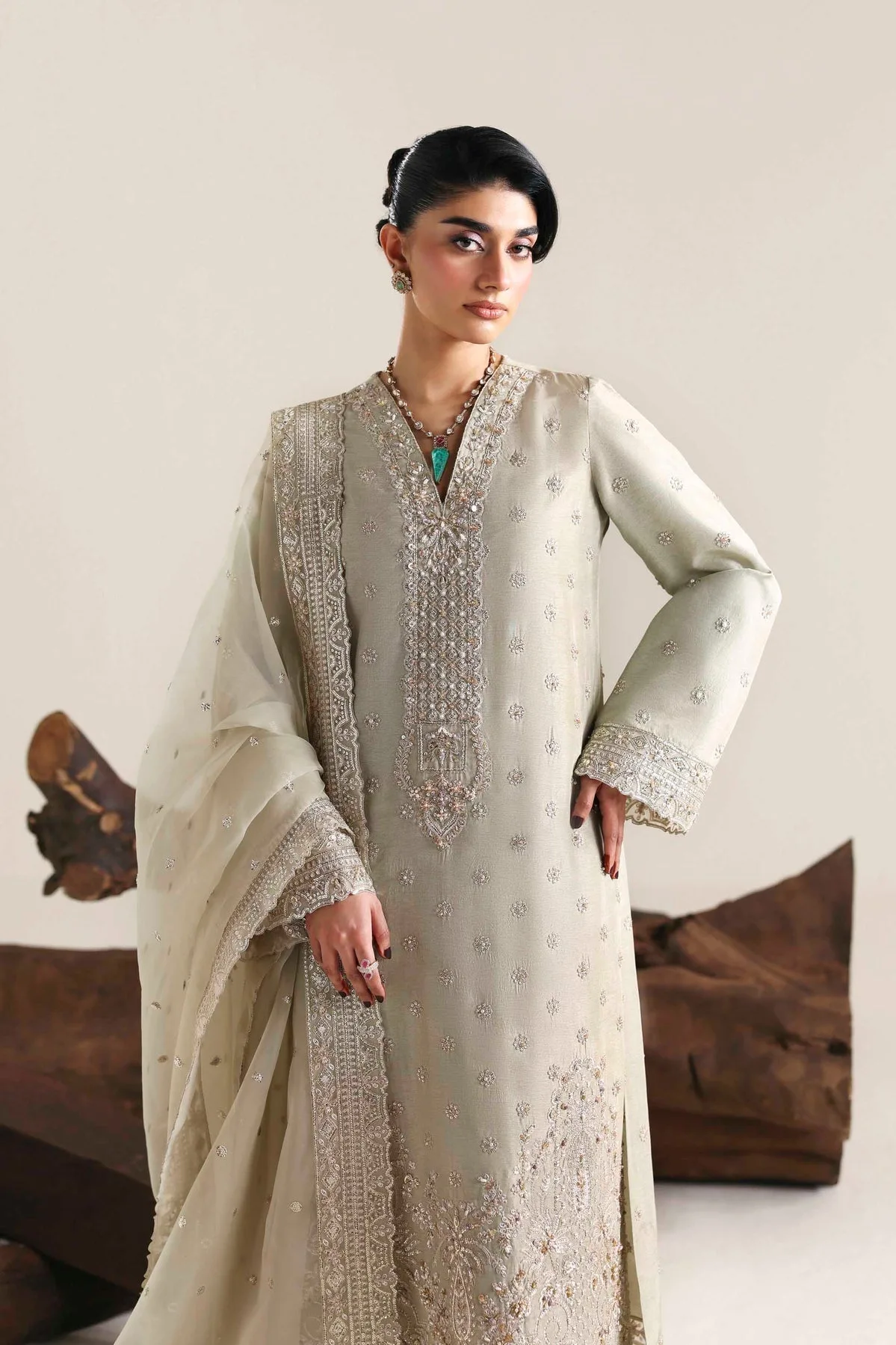 Soft gray long shirt with organza, tissue and silk detailing – view 3 – Poshaq
