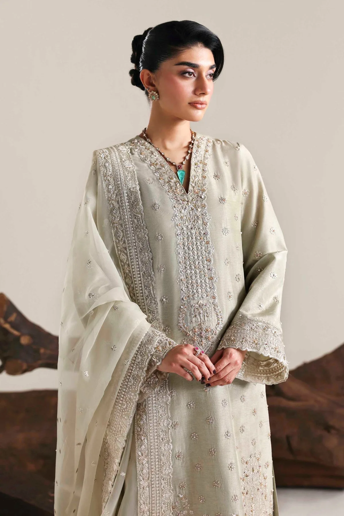 Soft gray long shirt with organza, tissue and silk detailing – view 4 – Poshaq