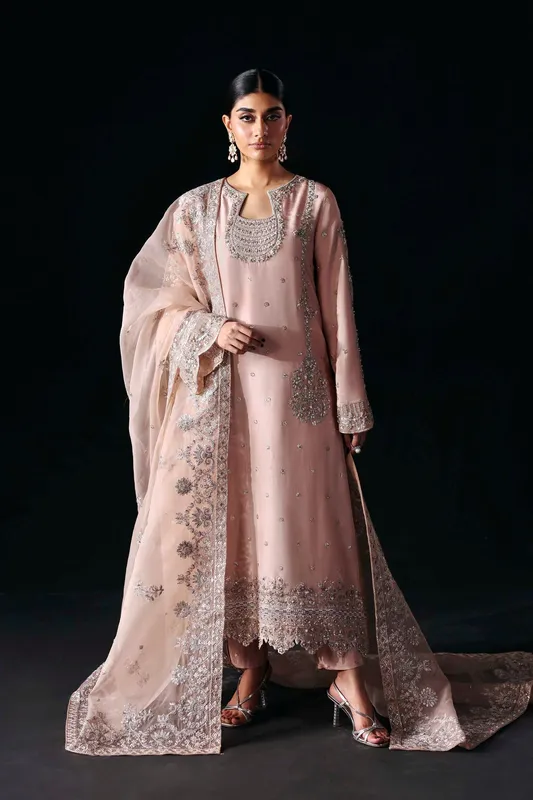 Blush pink organza shirt with silk trousers and delicate embroidery – view 1 – Poshaq