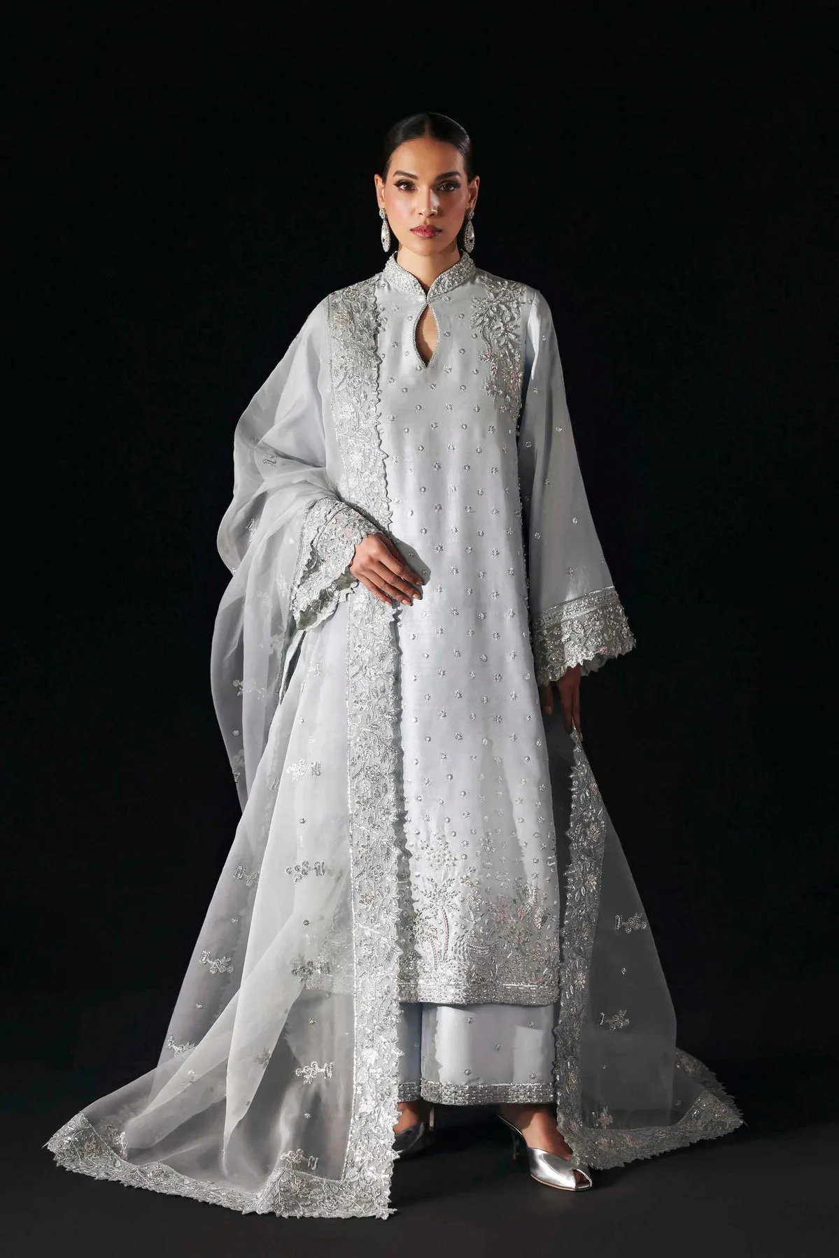 Silver organza long shirt with subtle sheen – view 1 – Poshaq