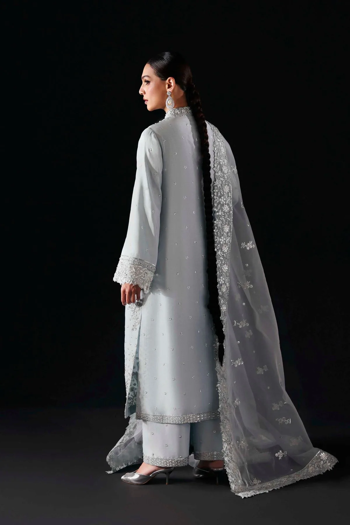 Silver organza long shirt with subtle sheen – view 2 – Poshaq