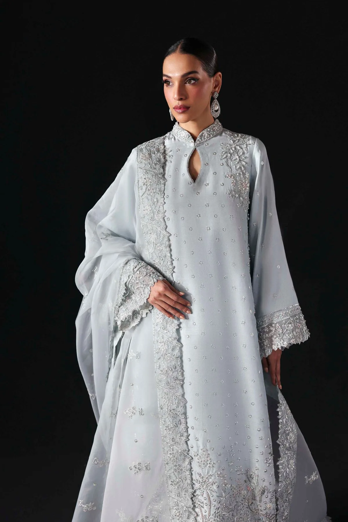 Silver organza long shirt with subtle sheen – view 3 – Poshaq