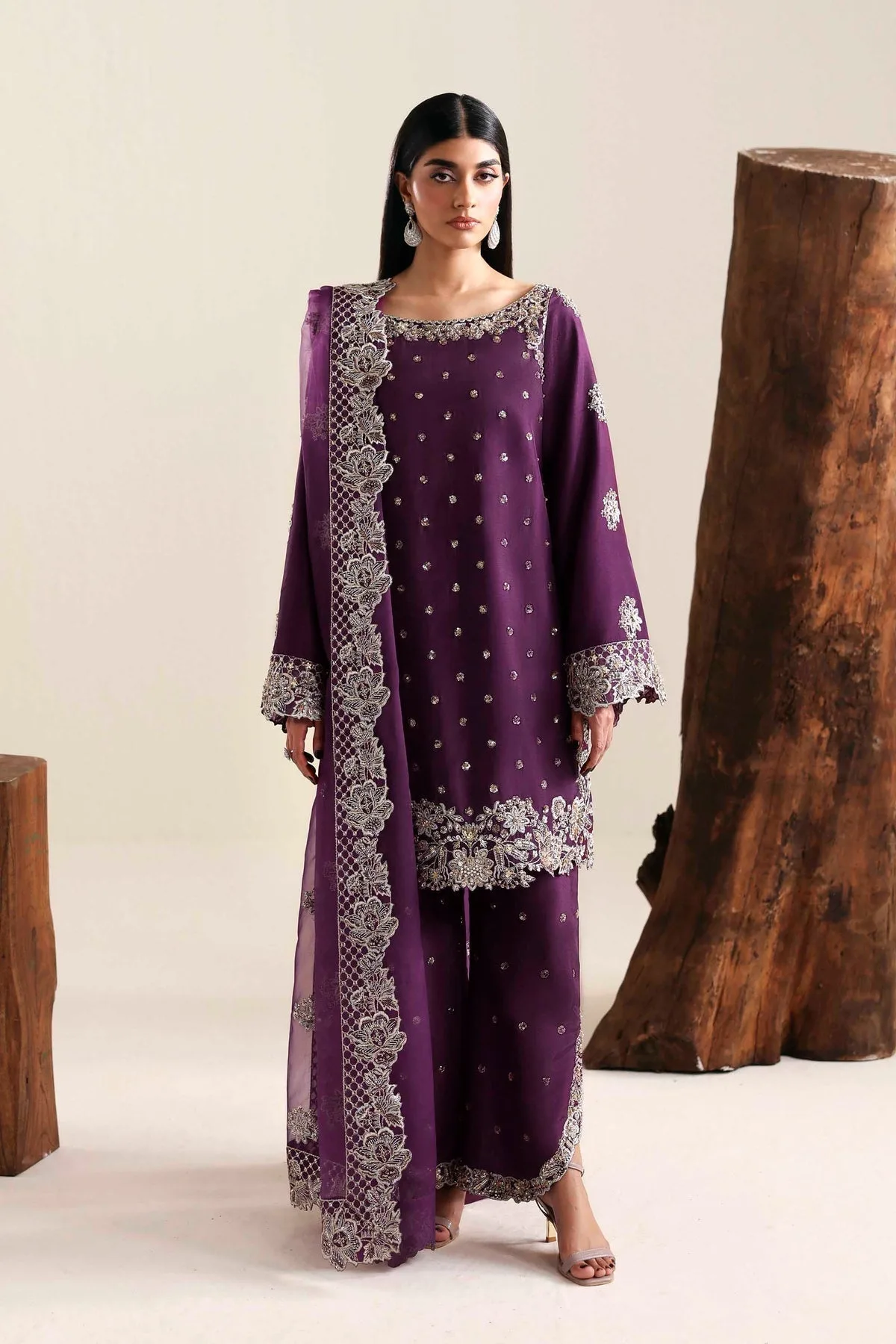 Dark purple three‑piece suit with organza dupatta and silk shirt – view 1 – Poshaq