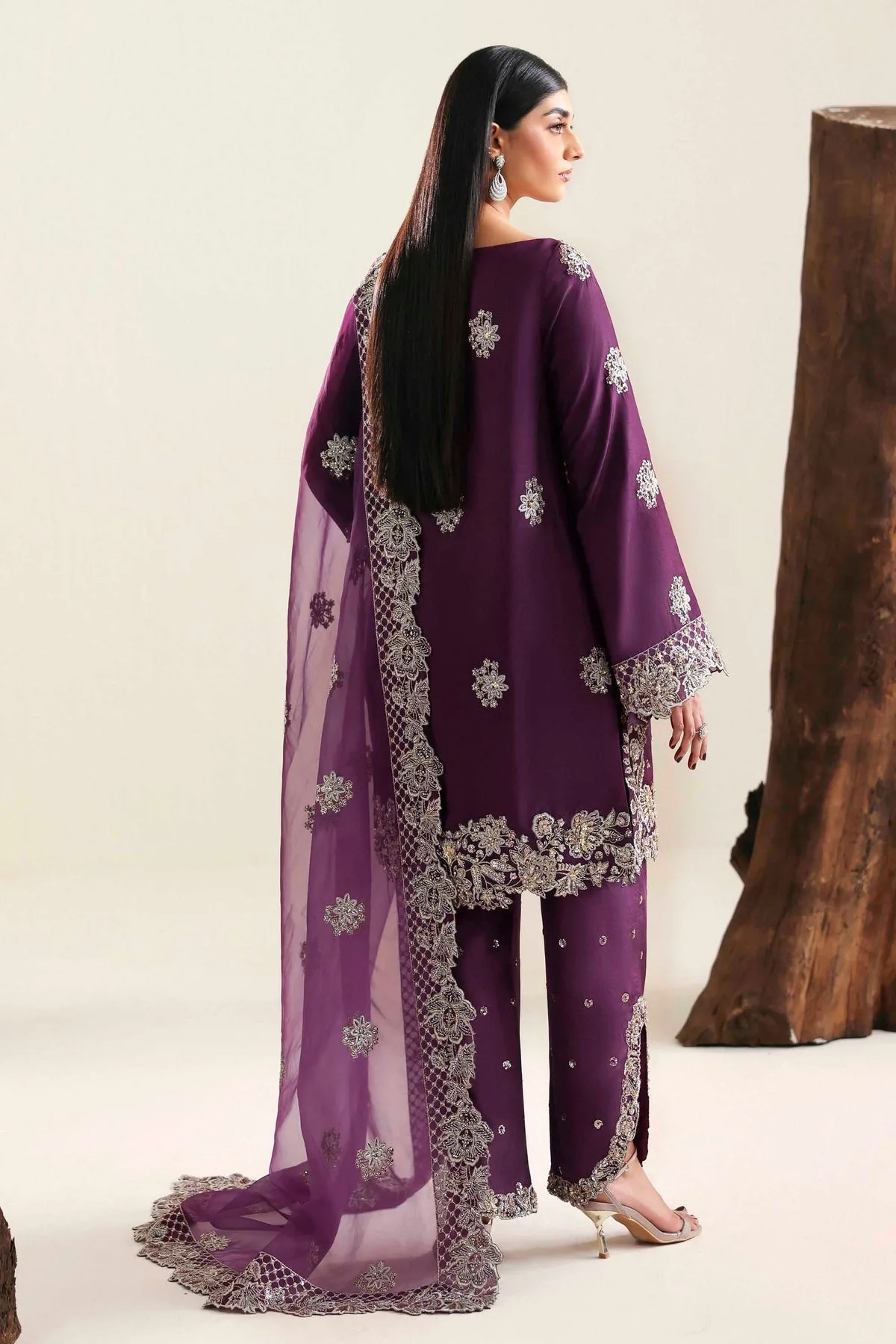 Dark purple three‑piece suit with organza dupatta and silk shirt – view 2 – Poshaq
