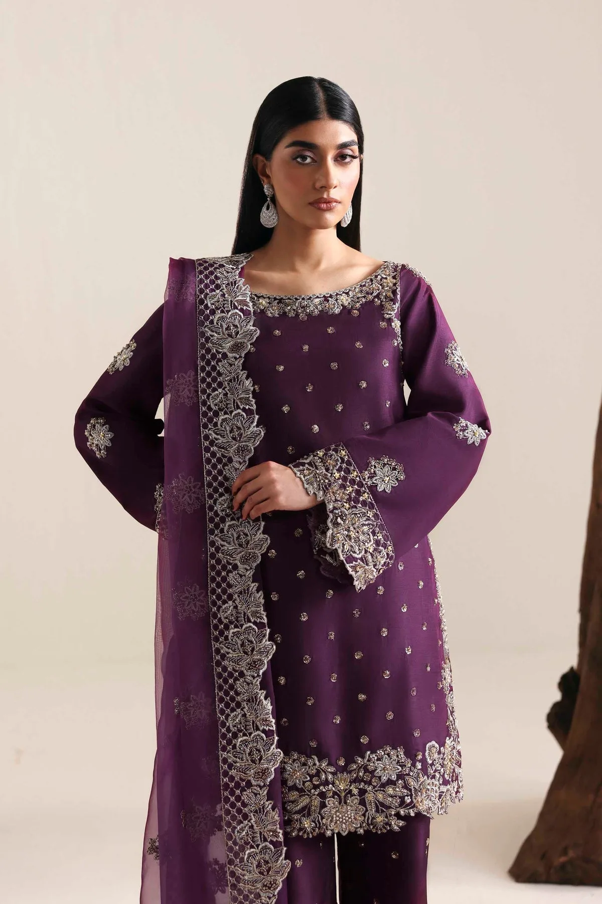 Dark purple three‑piece suit with organza dupatta and silk shirt – view 3 – Poshaq