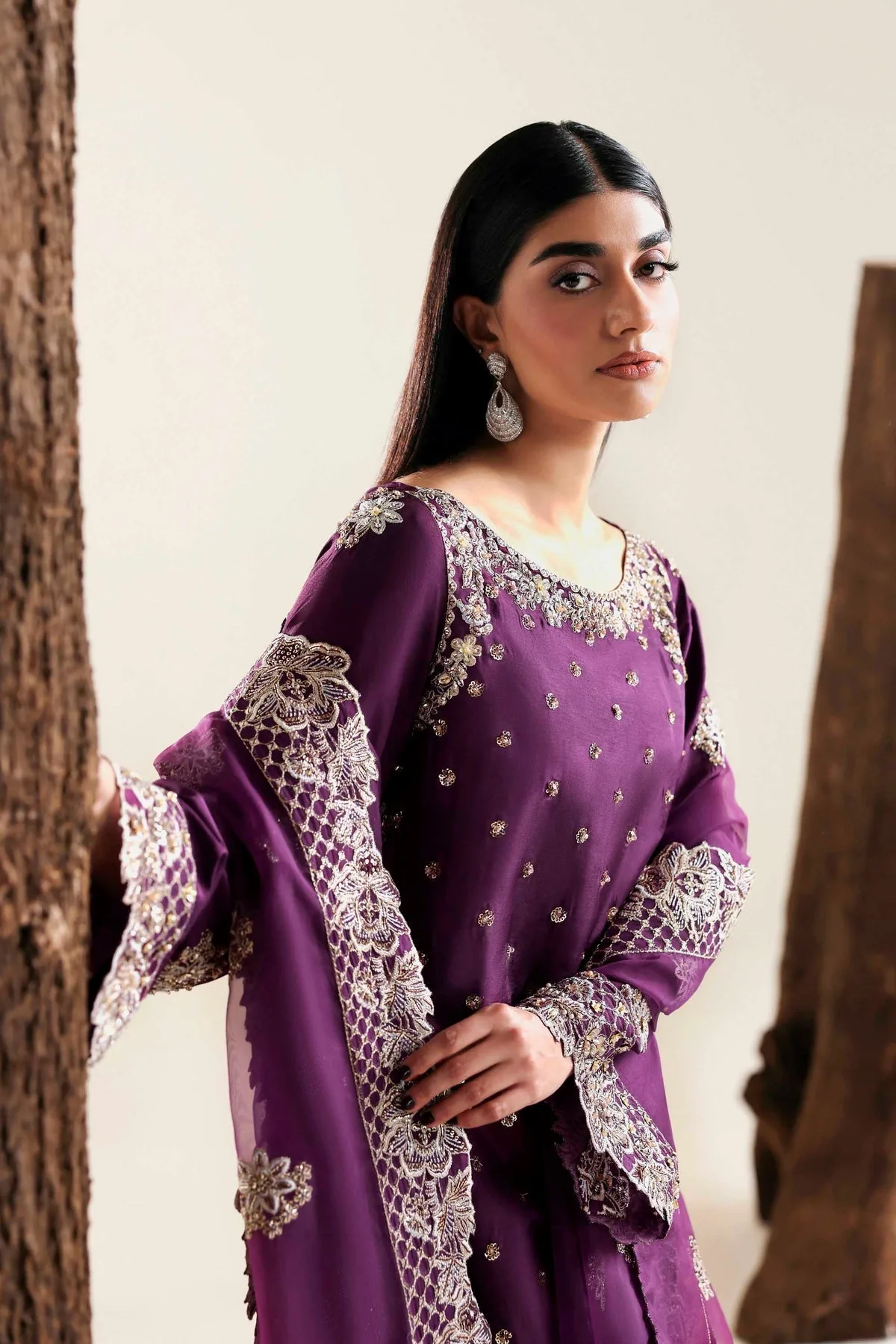 Dark purple three‑piece suit with organza dupatta and silk shirt – view 4 – Poshaq