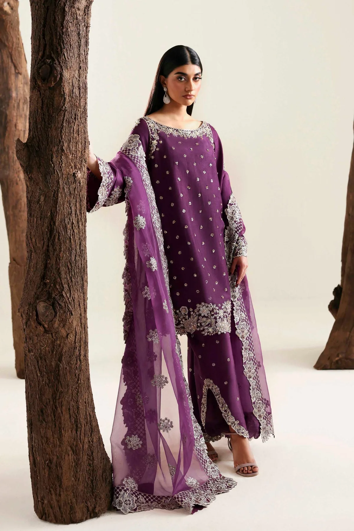 Dark purple three‑piece suit with organza dupatta and silk shirt – view 5 – Poshaq