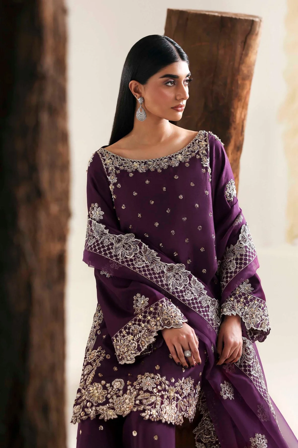 Dark purple three‑piece suit with organza dupatta and silk shirt – view 6 – Poshaq