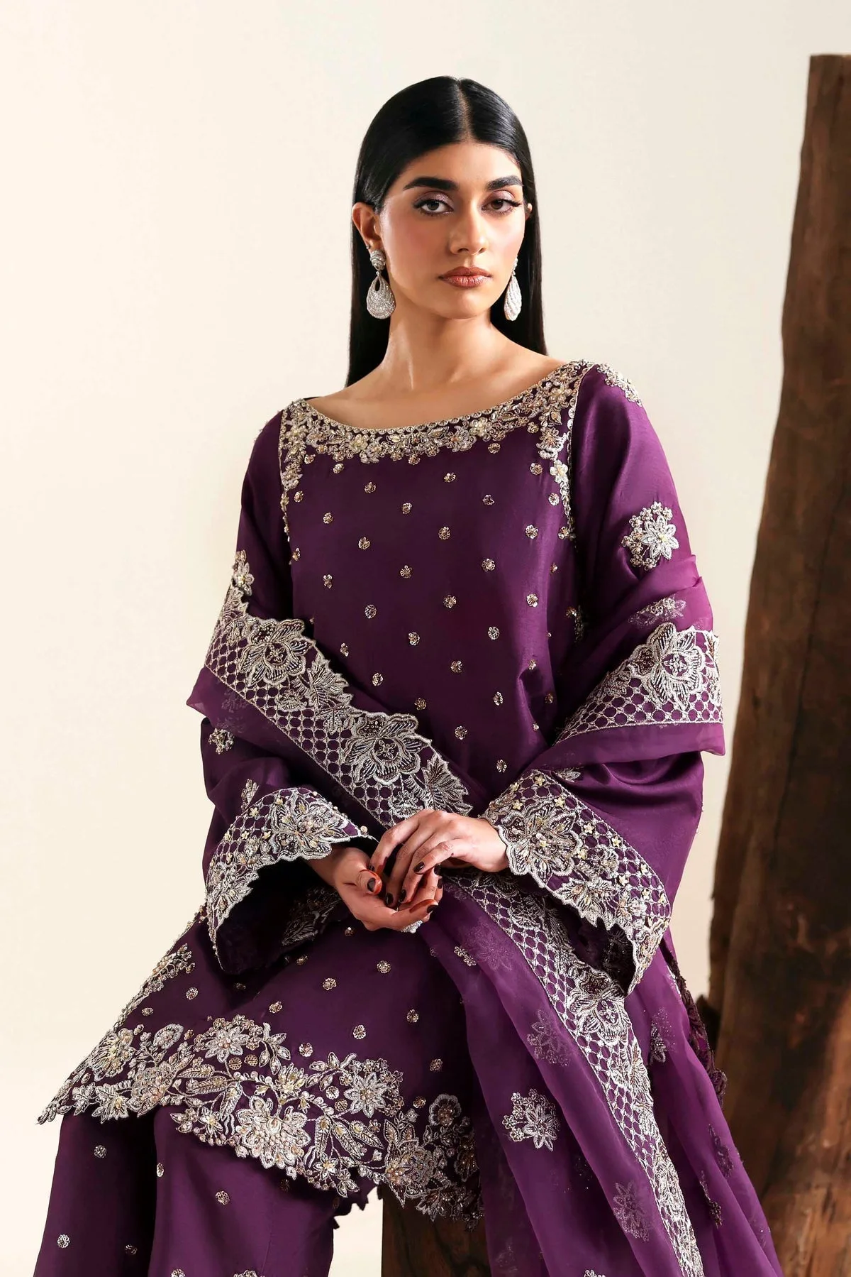 Dark purple three‑piece suit with organza dupatta and silk shirt – view 7 – Poshaq