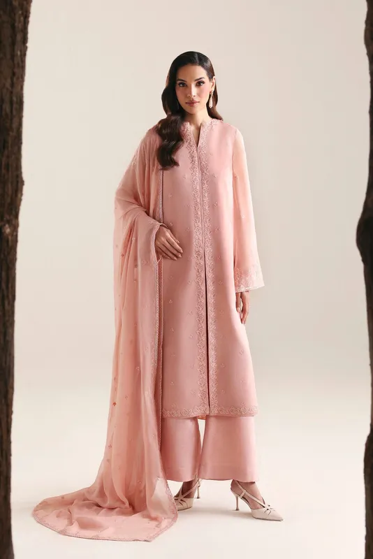 Light Peach Pink Silk and Chiffon Dress – Akbar Aslam Formal Pret Solae – view 1 – Poshaq