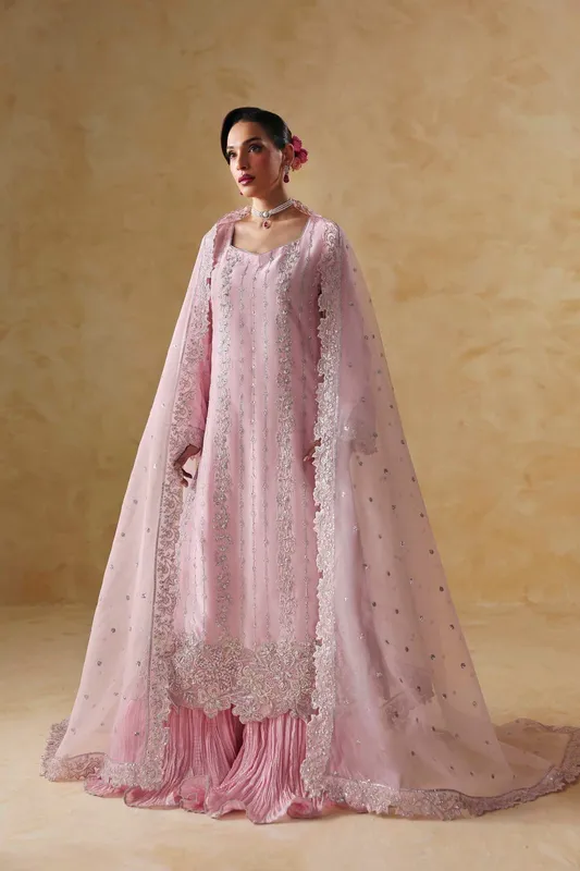 Pink long shirt with organza front panel and silk tissue lining – view 1 – Poshaq