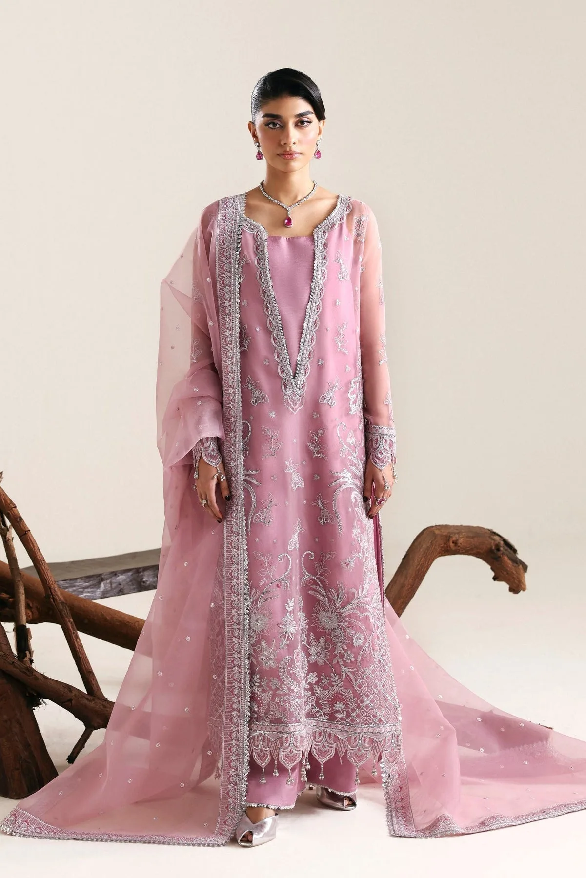 Lilac long shirt in raw silk and organza with embroidered details – view 1 – Poshaq