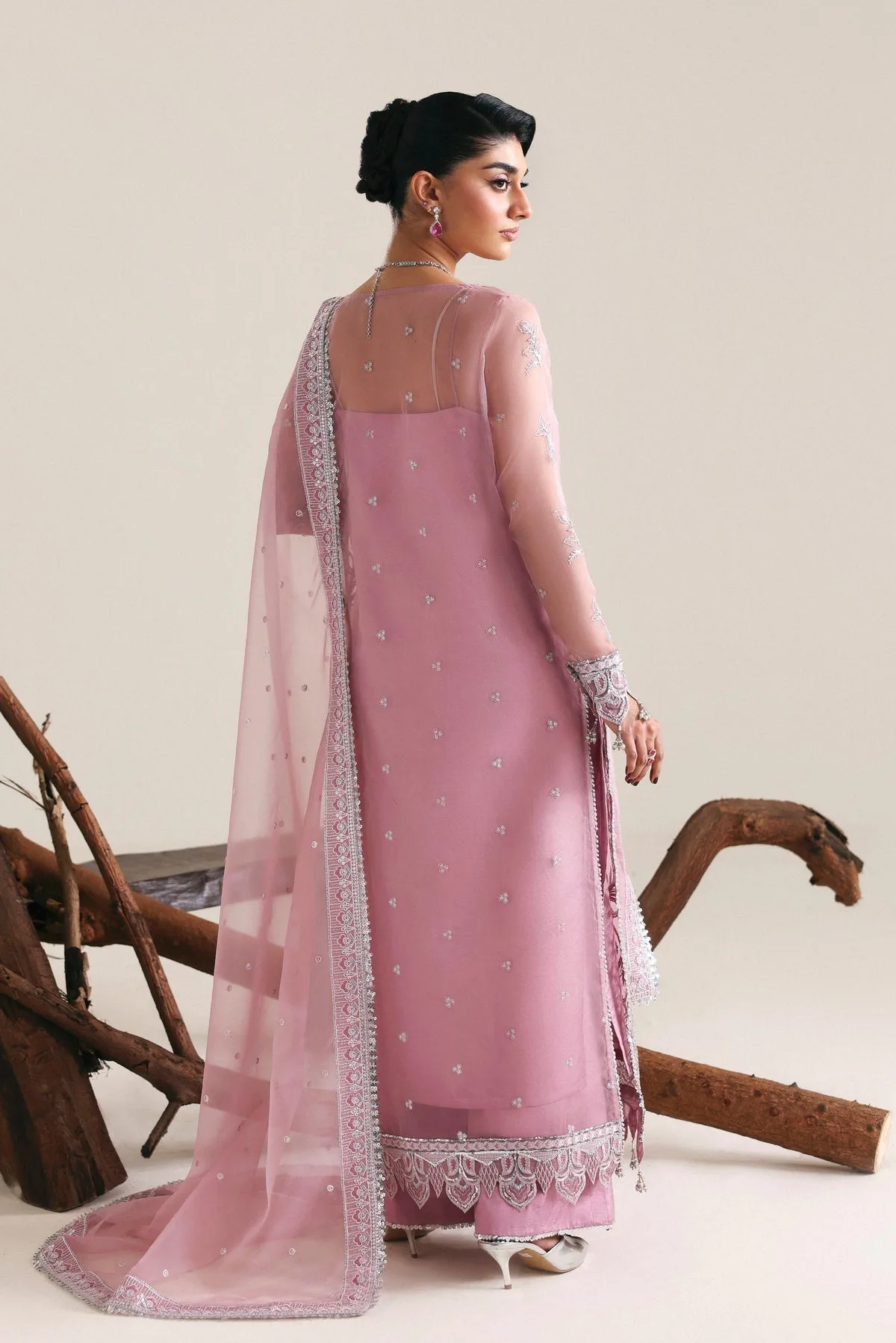 Lilac long shirt in raw silk and organza with embroidered details – view 2 – Poshaq