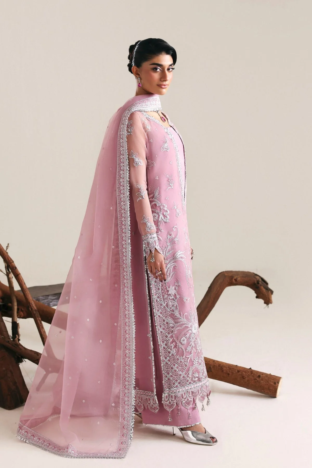 Lilac long shirt in raw silk and organza with embroidered details – view 3 – Poshaq