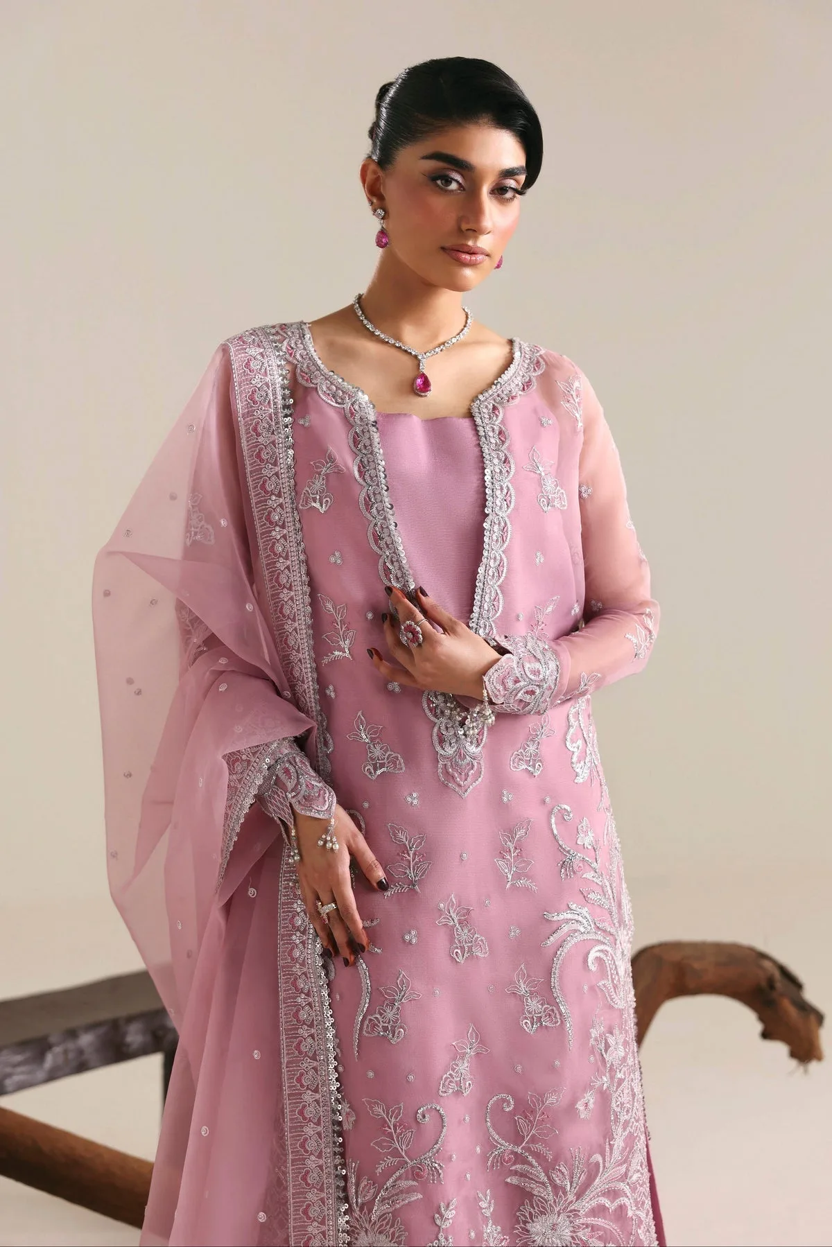 Lilac long shirt in raw silk and organza with embroidered details – view 4 – Poshaq