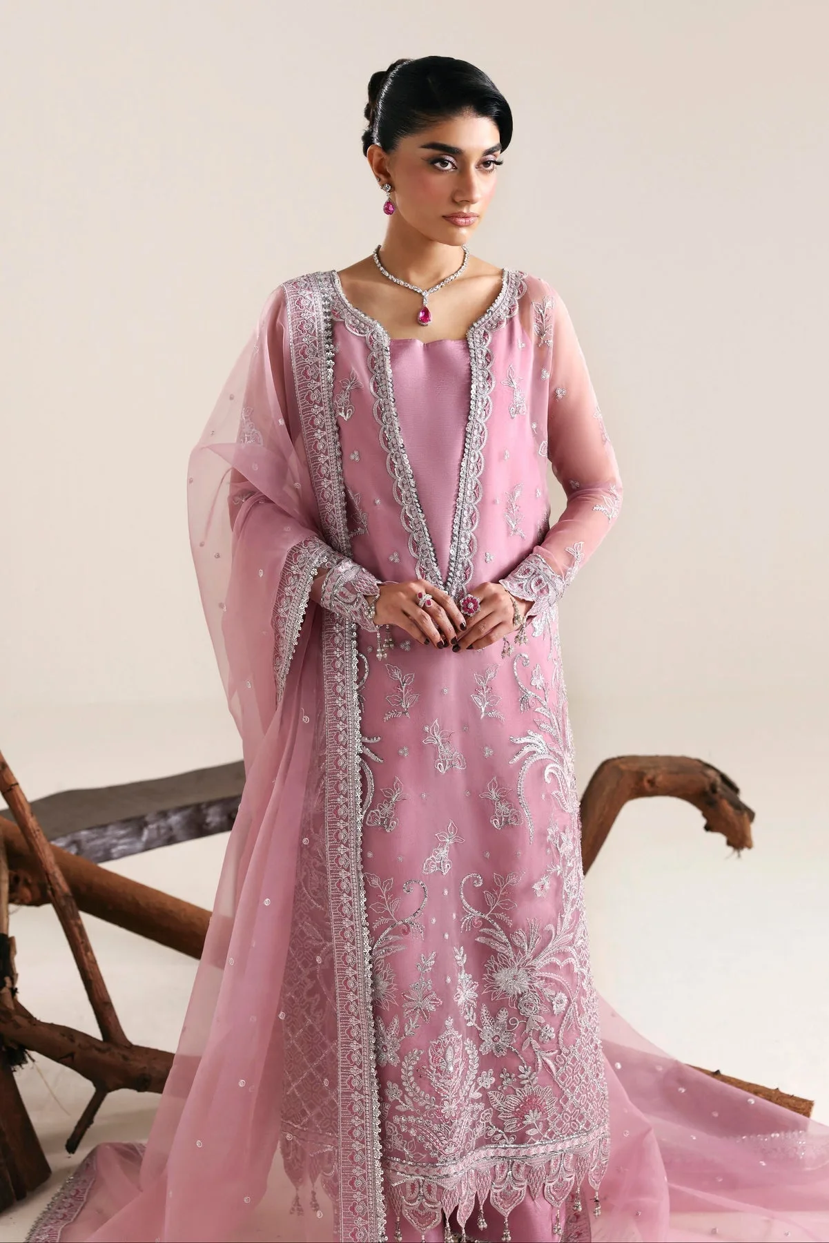 Lilac long shirt in raw silk and organza with embroidered details – view 5 – Poshaq