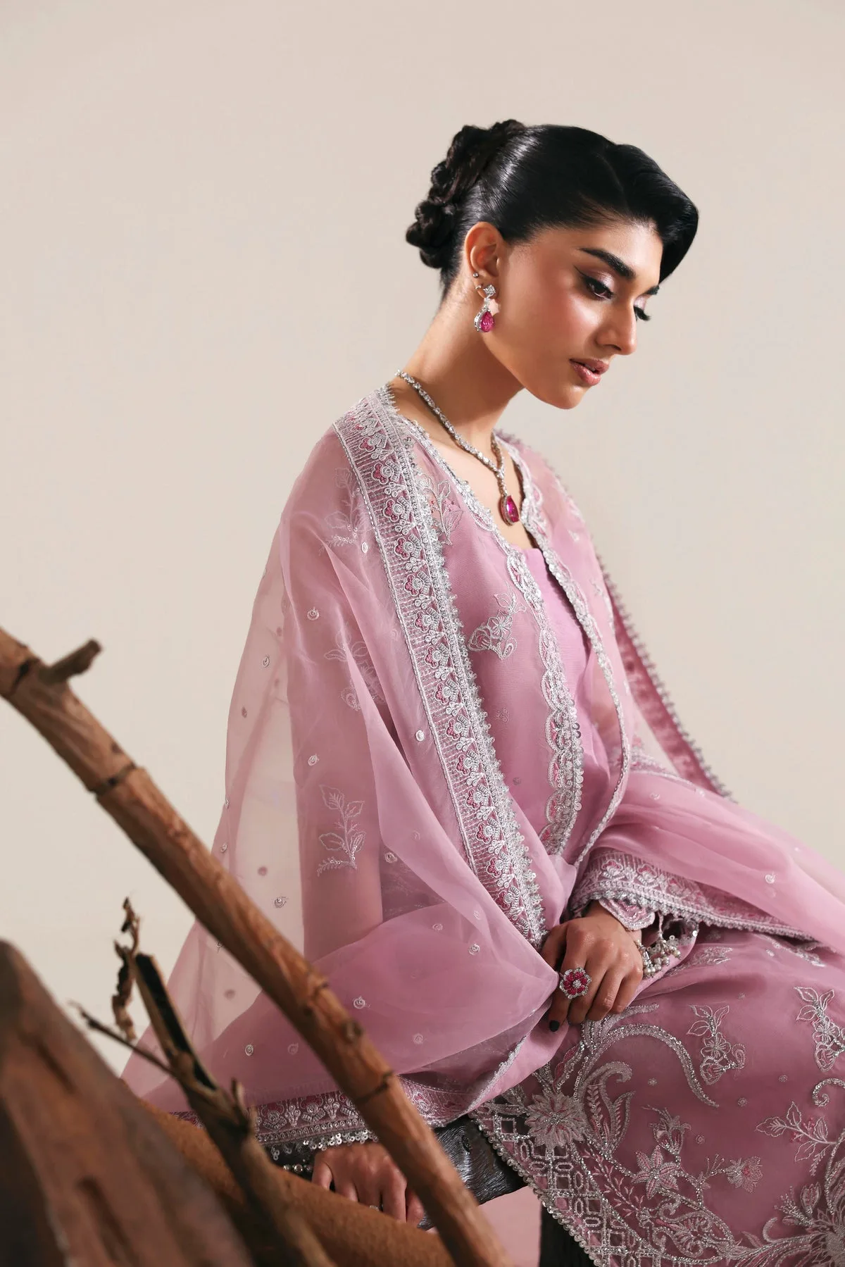 Lilac long shirt in raw silk and organza with embroidered details – view 6 – Poshaq