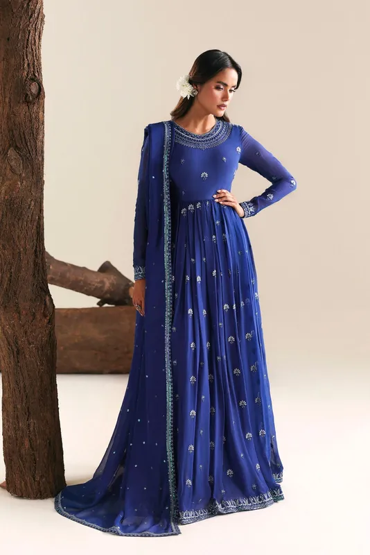 Navy three‑piece formal pret set with raw silk trousers, chiffon frock and dupatta – view 1 – Poshaq