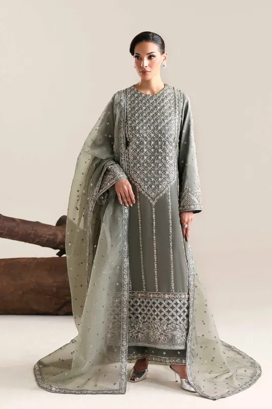 Grey long shirt with organza dupatta by Akbar Aslam – view 1 – Poshaq