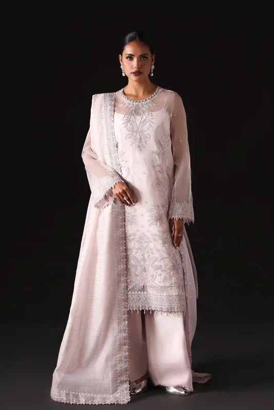 Light pink organza long shirt with raw silk trouser – view 1 – Poshaq