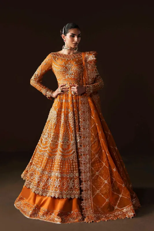 Orange silk and organza lehenga with embroidered panels – view 1 – Poshaq