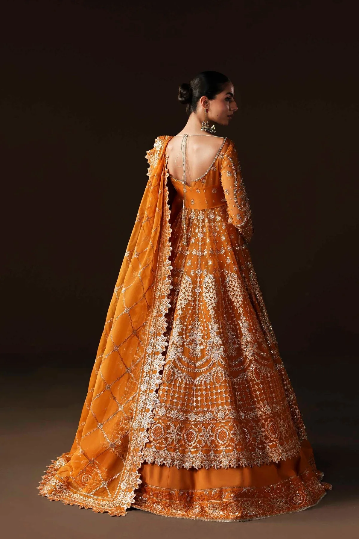 Orange silk and organza lehenga with embroidered panels – view 2 – Poshaq