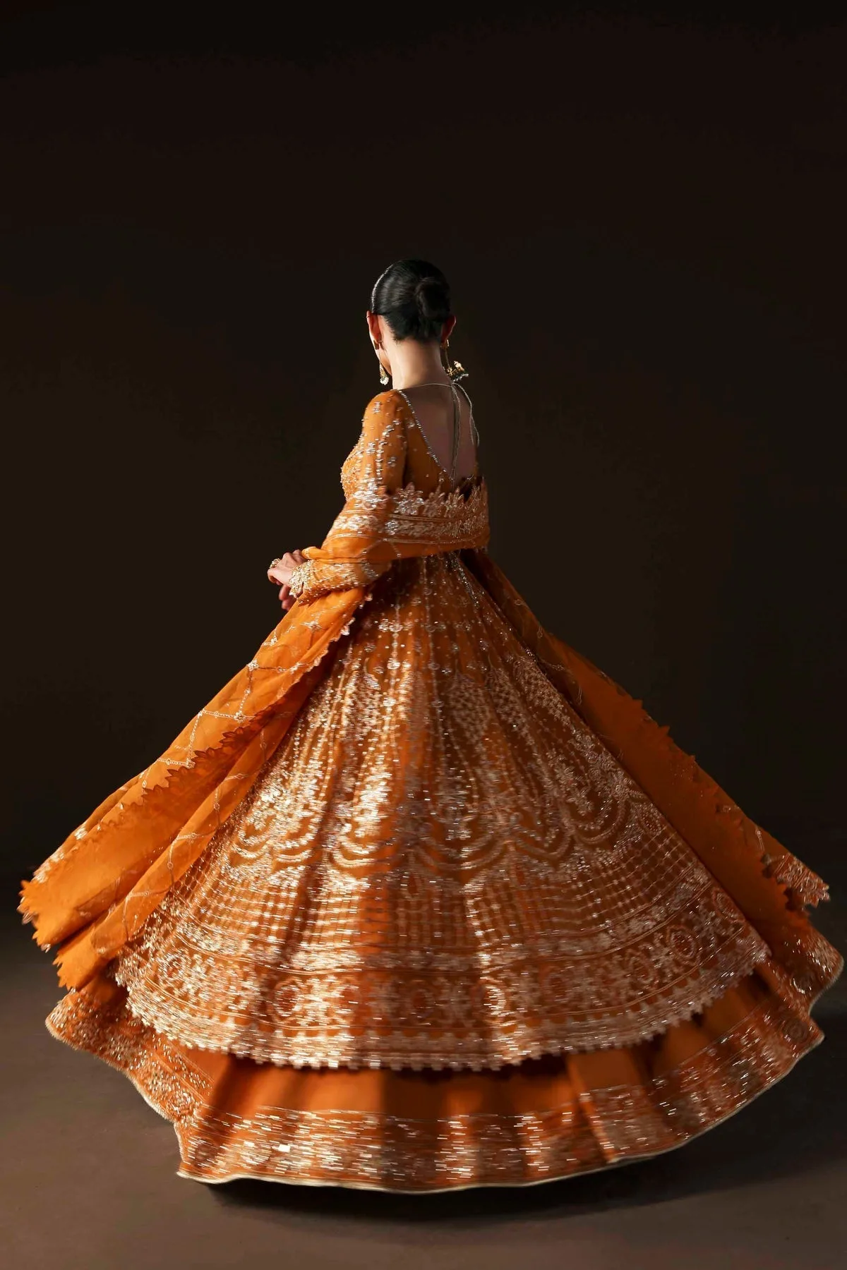 Orange silk and organza lehenga with embroidered panels – view 3 – Poshaq