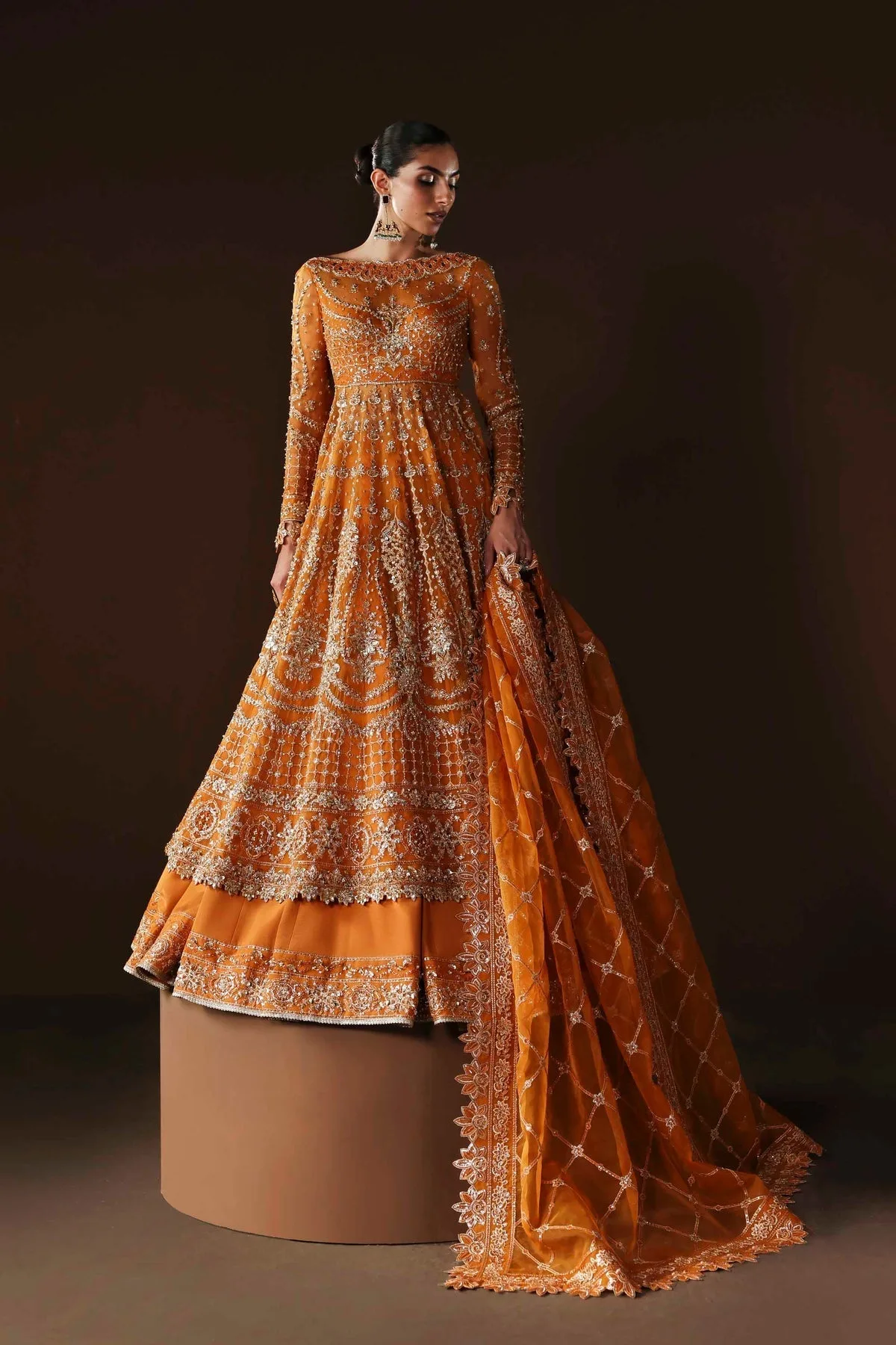 Orange silk and organza lehenga with embroidered panels – view 4 – Poshaq