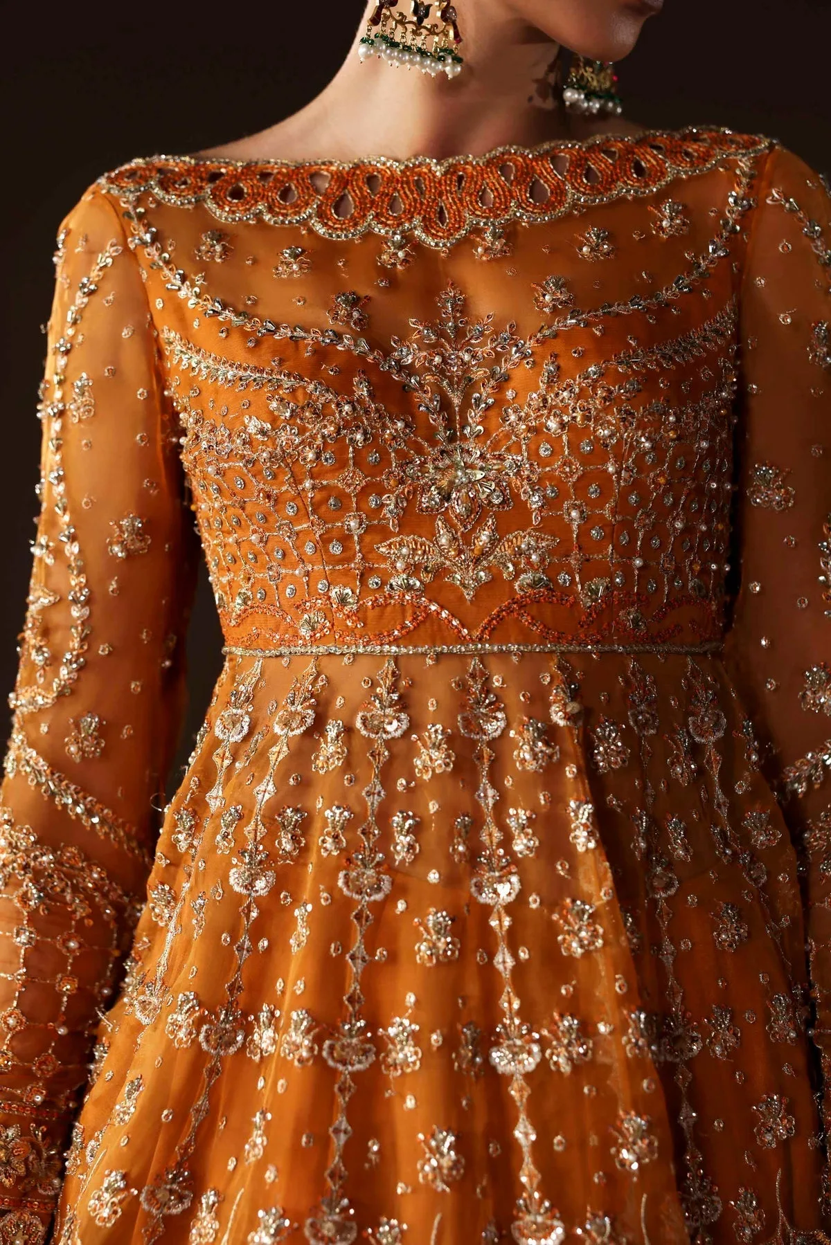 Orange silk and organza lehenga with embroidered panels – view 5 – Poshaq