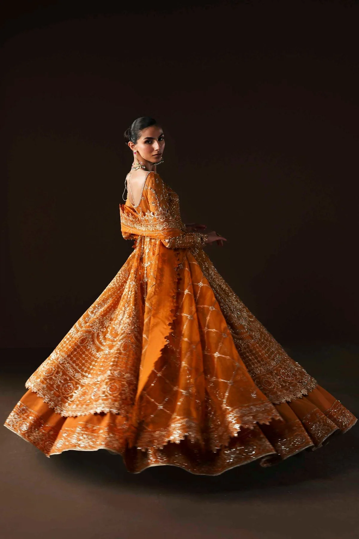 Orange silk and organza lehenga with embroidered panels – view 6 – Poshaq