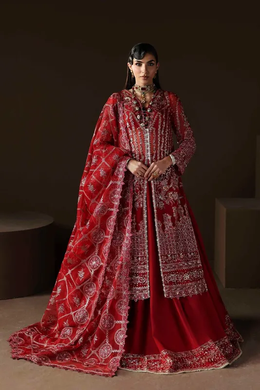 Deep red silk lehenga with hand‑embellished organza dupatta – view 1 – Poshaq
