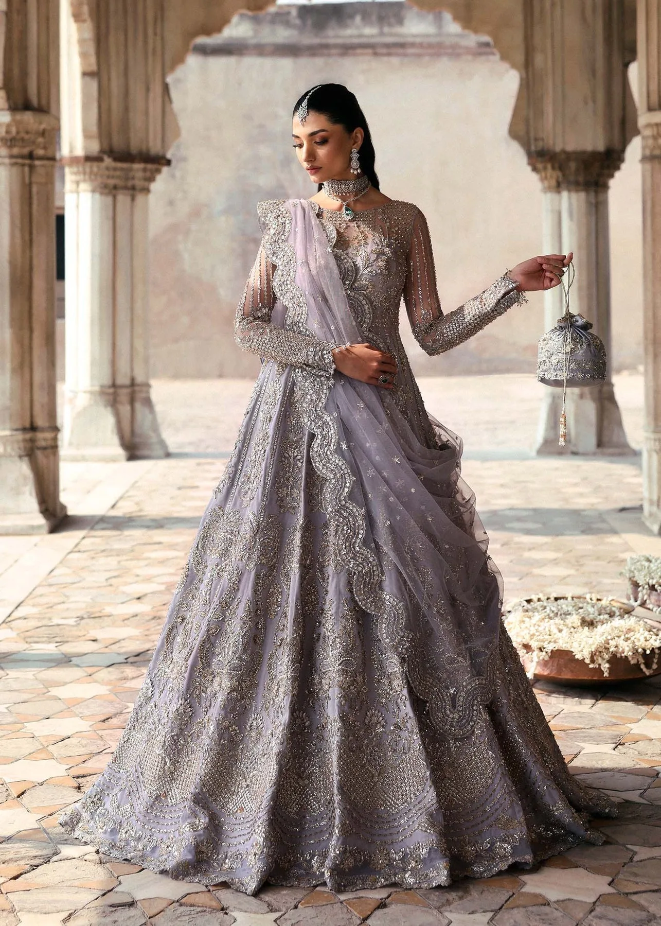 Light lavender Raniyat bridal dress with hand‑embroidered organza and net detailing – view 1 – Poshaq
