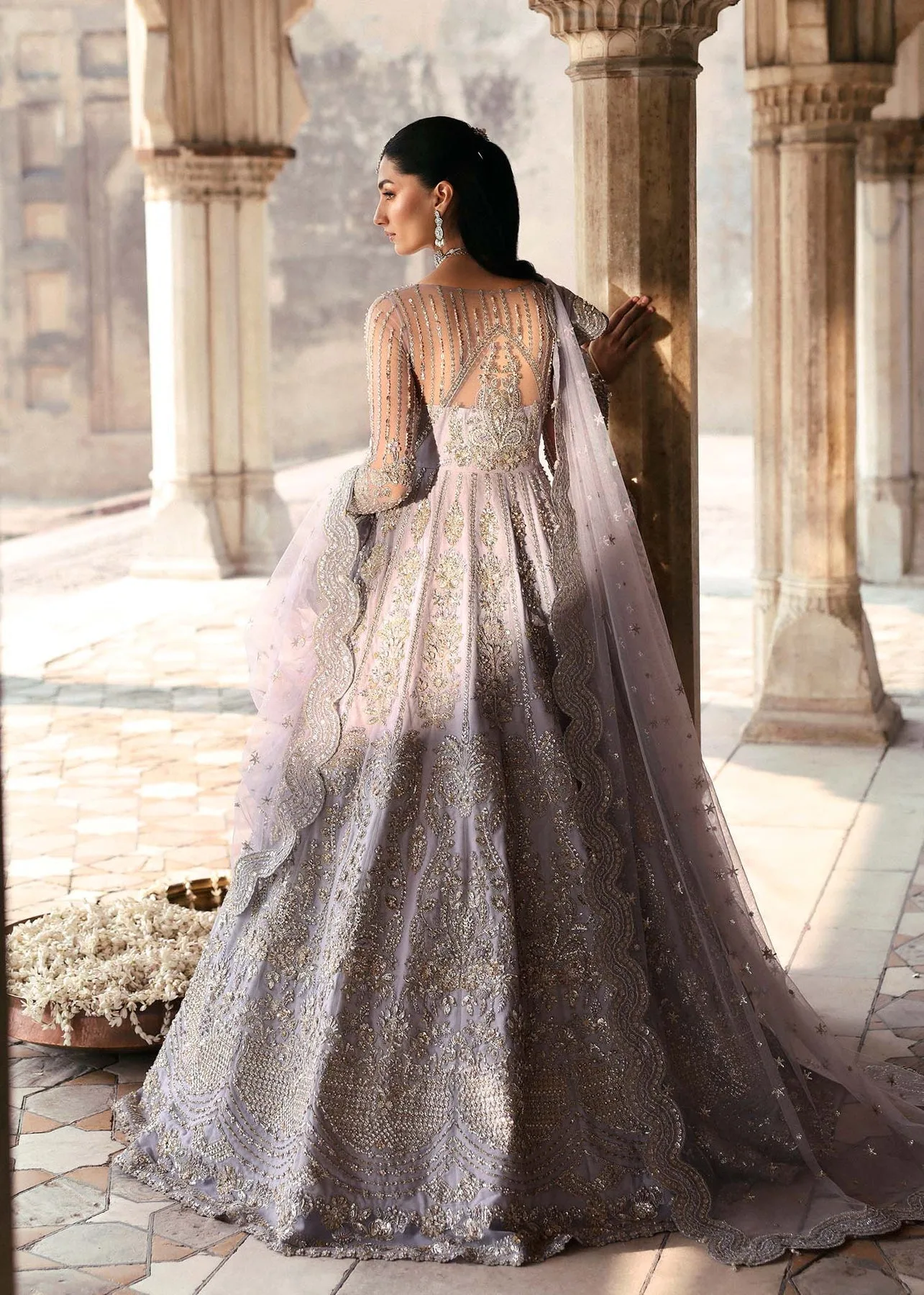 Light lavender Raniyat bridal dress with hand‑embroidered organza and net detailing – view 2 – Poshaq