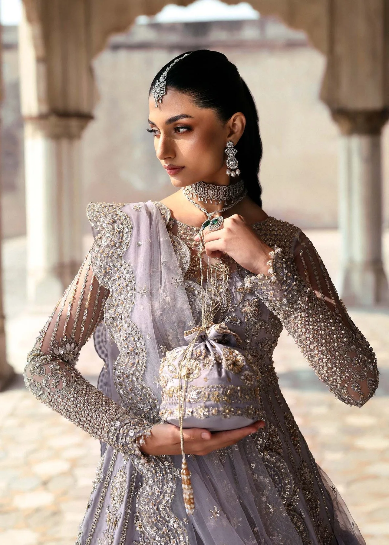 Light lavender Raniyat bridal dress with hand‑embroidered organza and net detailing – view 3 – Poshaq