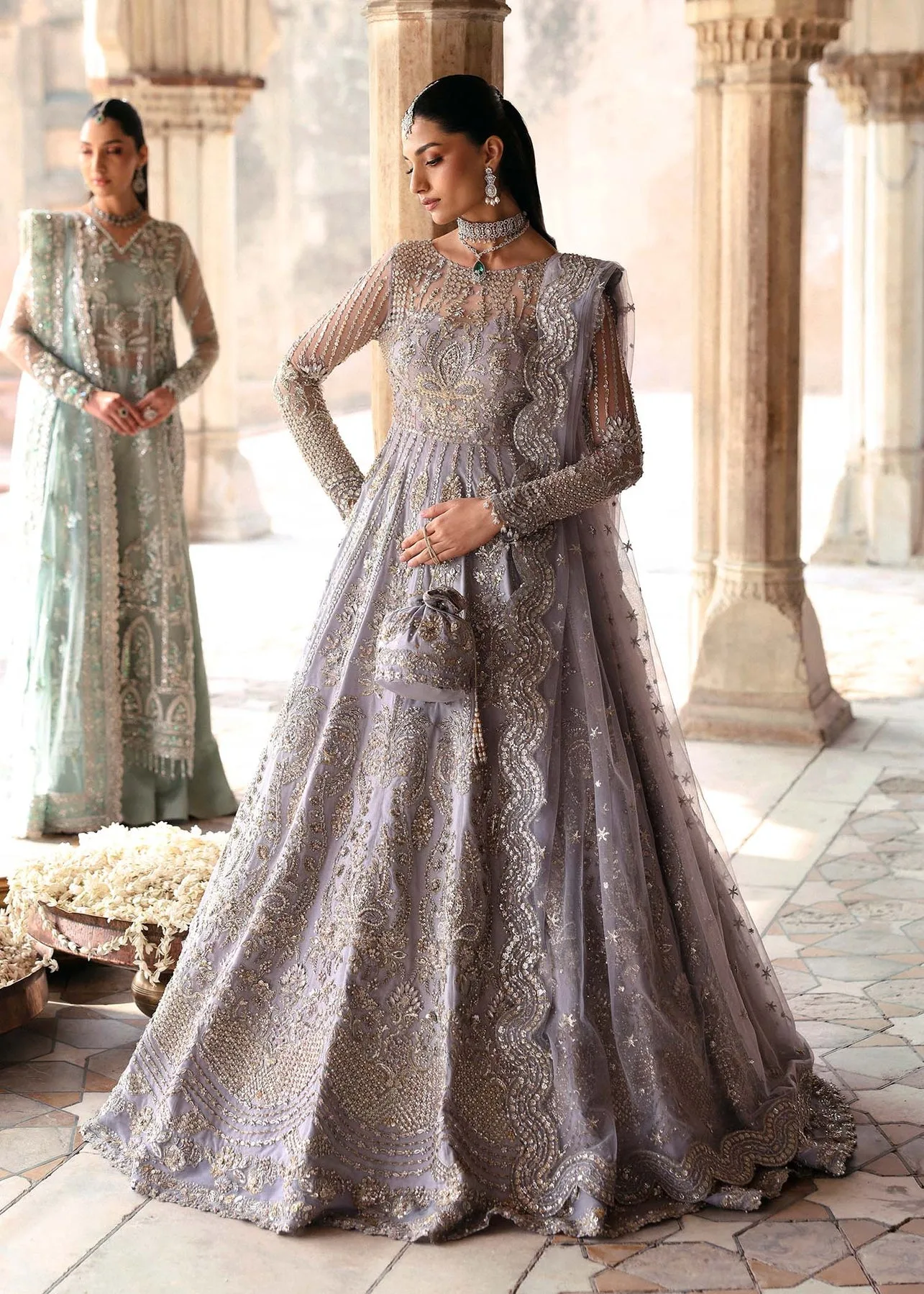 Light lavender Raniyat bridal dress with hand‑embroidered organza and net detailing – view 4 – Poshaq
