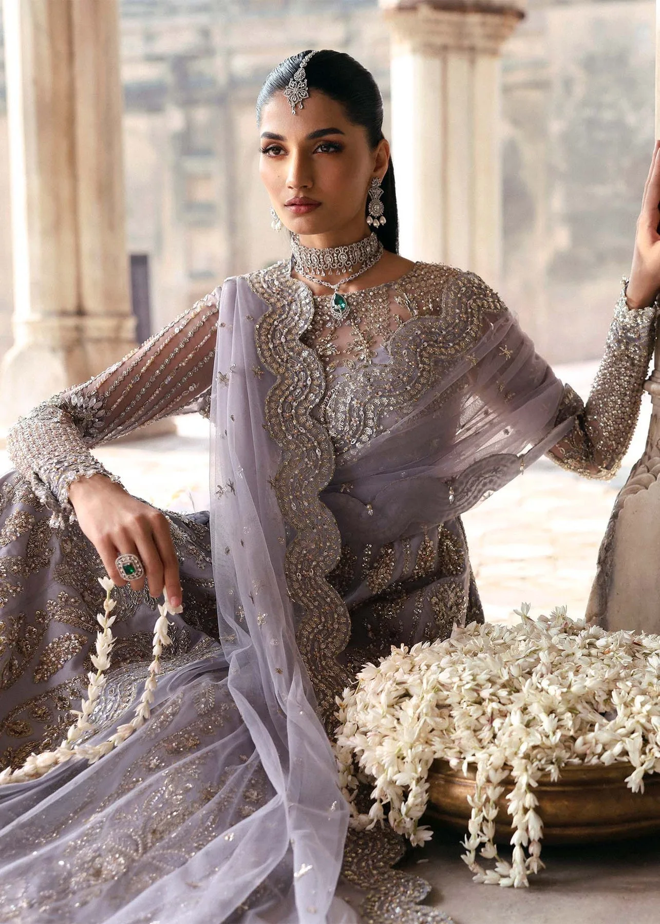 Light lavender Raniyat bridal dress with hand‑embroidered organza and net detailing – view 5 – Poshaq