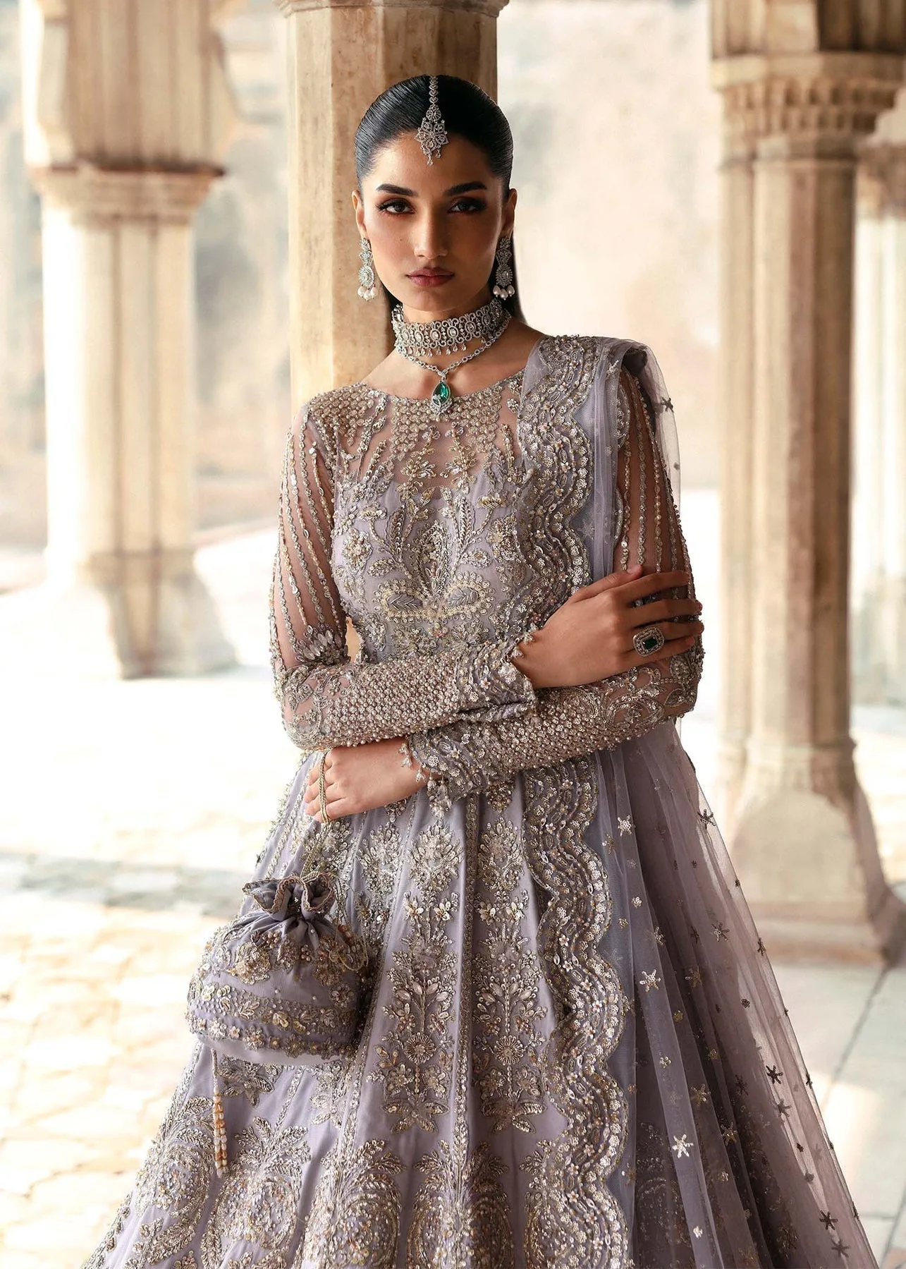 Light lavender Raniyat bridal dress with hand‑embroidered organza and net detailing – view 6 – Poshaq